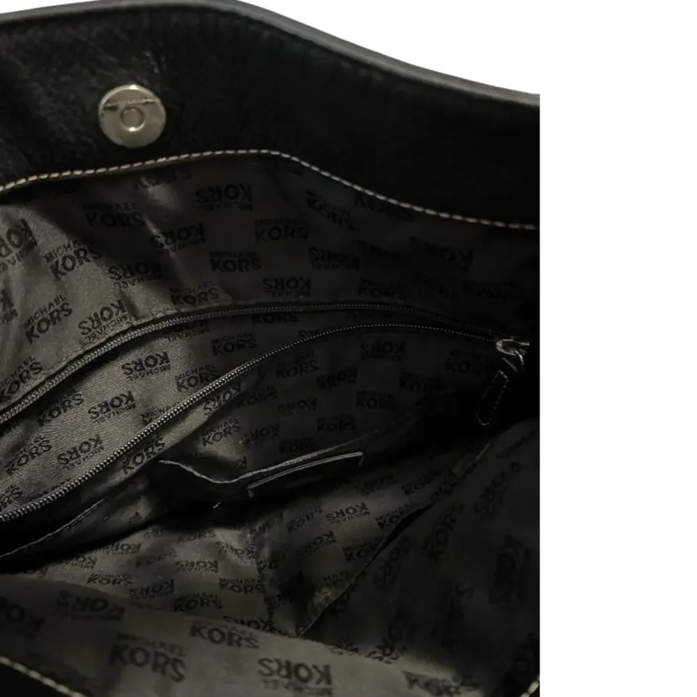 Michael Kors Brookville Large Black Leather Hobo Shoulder Bag w/Silver MK Charm